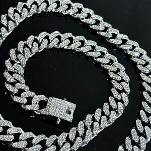 Cuban Link Miami Bling Glittery Silver Unisex necklace Men Women NWT 28"